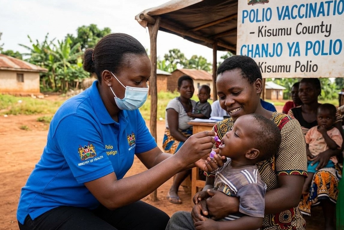 A healthcare worker administers oral polio vaccine drops to a child during a routine immunization campaign to maintain high immunity across vulnerable communities
